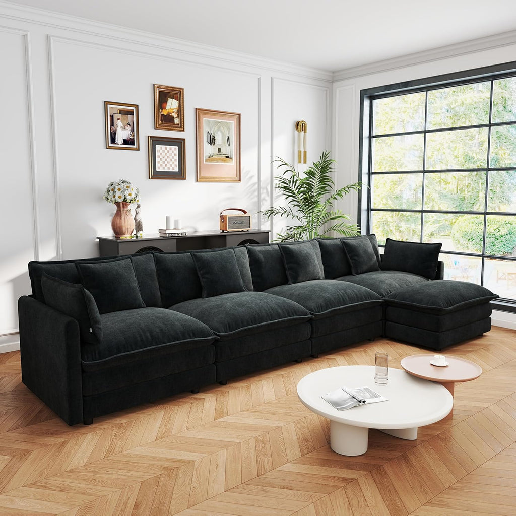 Sectional Sofa 4 Seater with Movable 1 Ottoman,Oversized Modular Couch Deep Seat (Black, 146.5 inch-L)