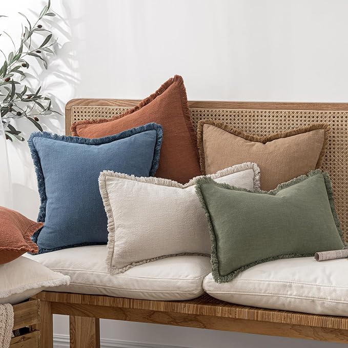 MIULEE Boho Linen Fringe Decorative Throw Pillow Covers Blue Ashes 18x18 | Set - Image 2