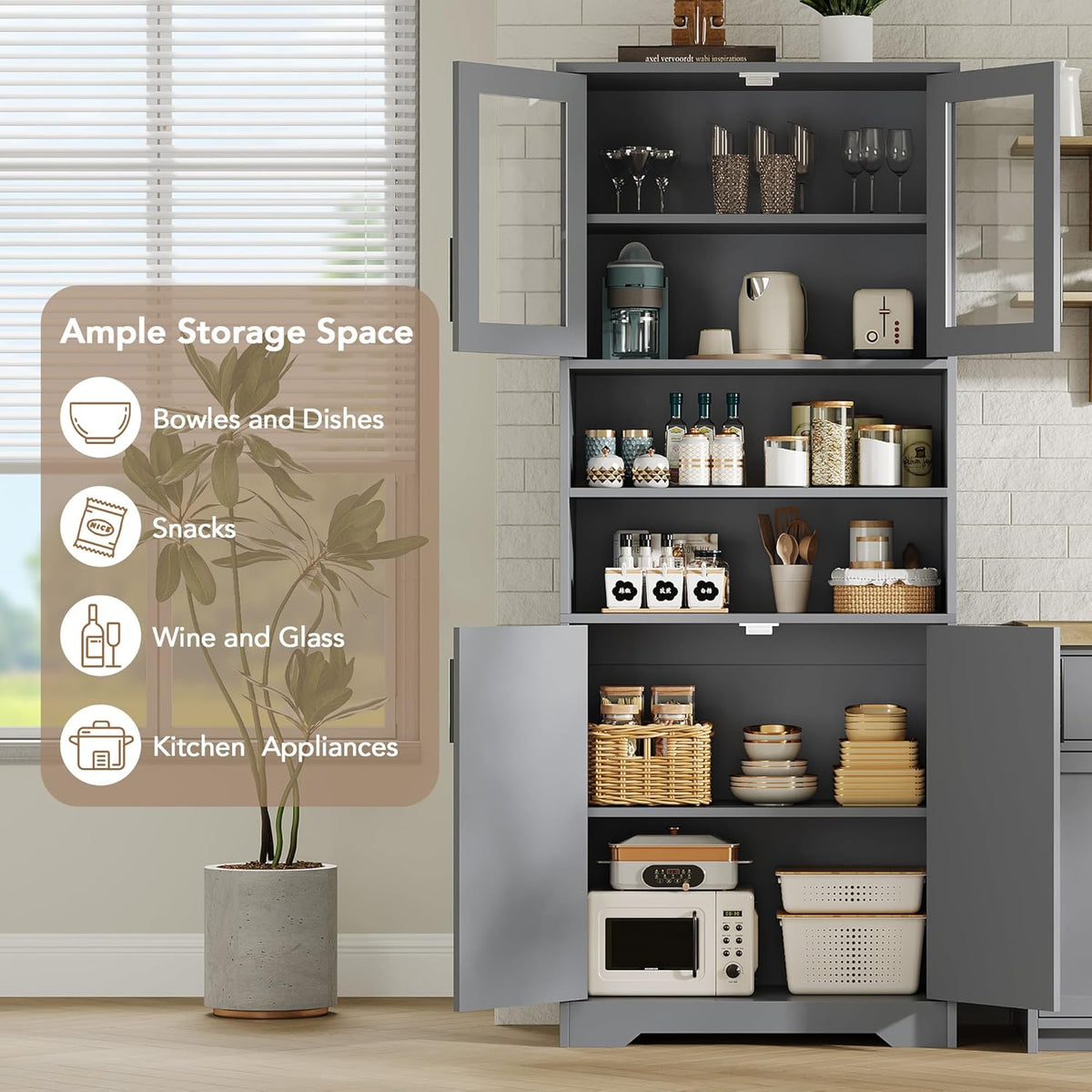 GarveeHome 67" Tall Storage Cabinet, Tall Bathroom Cabinet with Glass Doors and Adjustable Shelves, Freestanding Kitchen Pantry Cabinets, Cupboard for Living Room, Dining Room, Gray