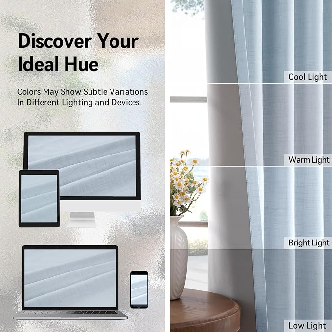 100% Blackout Linen Textured Curtains 84 Inch Long, Chambray Blue | 100% - Image 7