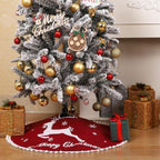 30 Inch Christmas Tree Skirt, Burlap Red Christmas Rustic Tree Skirt with Elk Deer and White Snowflake Printed for Holiday Party Xmas Tree Decoration