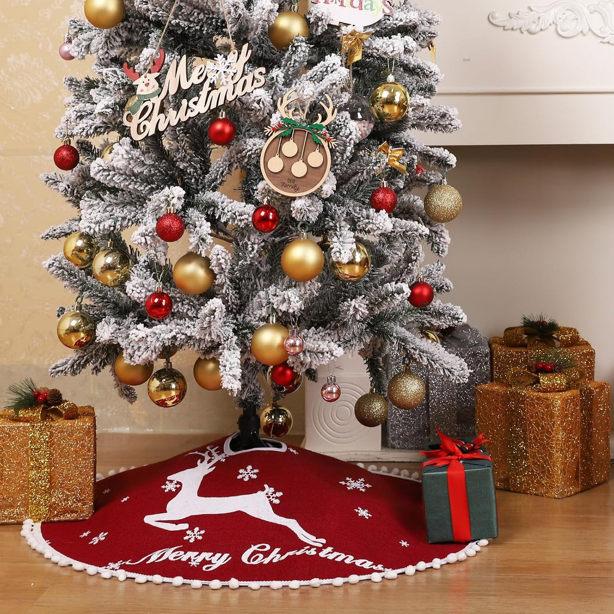 48 Inch Christmas Tree Skirt, Burlap Red Christmas Rustic Tree Skirt with Elk Deer and White Snowflake Printed for Holiday Party Xmas Tree Decoration