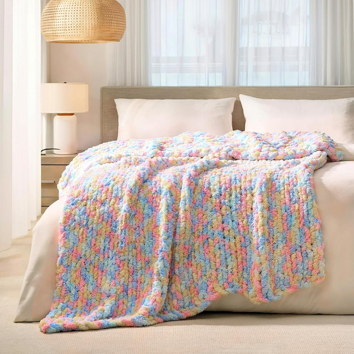 L'AGRATY Chunky Knit Blanket Throw: 50''x60'' Chenille Chunky Knitted Throw Blankets for Bed Couch - Handmade Thick Cable Knit Blanket - Large Crochet Rope Blankets for Home Decor
