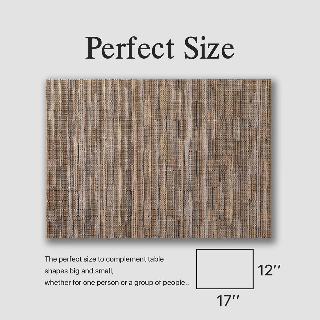 Placemats Set of 12 - Easy Clean Woven Vinyl Placemats for Dining Table, Indoor/Outdoor Place Mats, Washable PVC Table Mats （Light Brown）