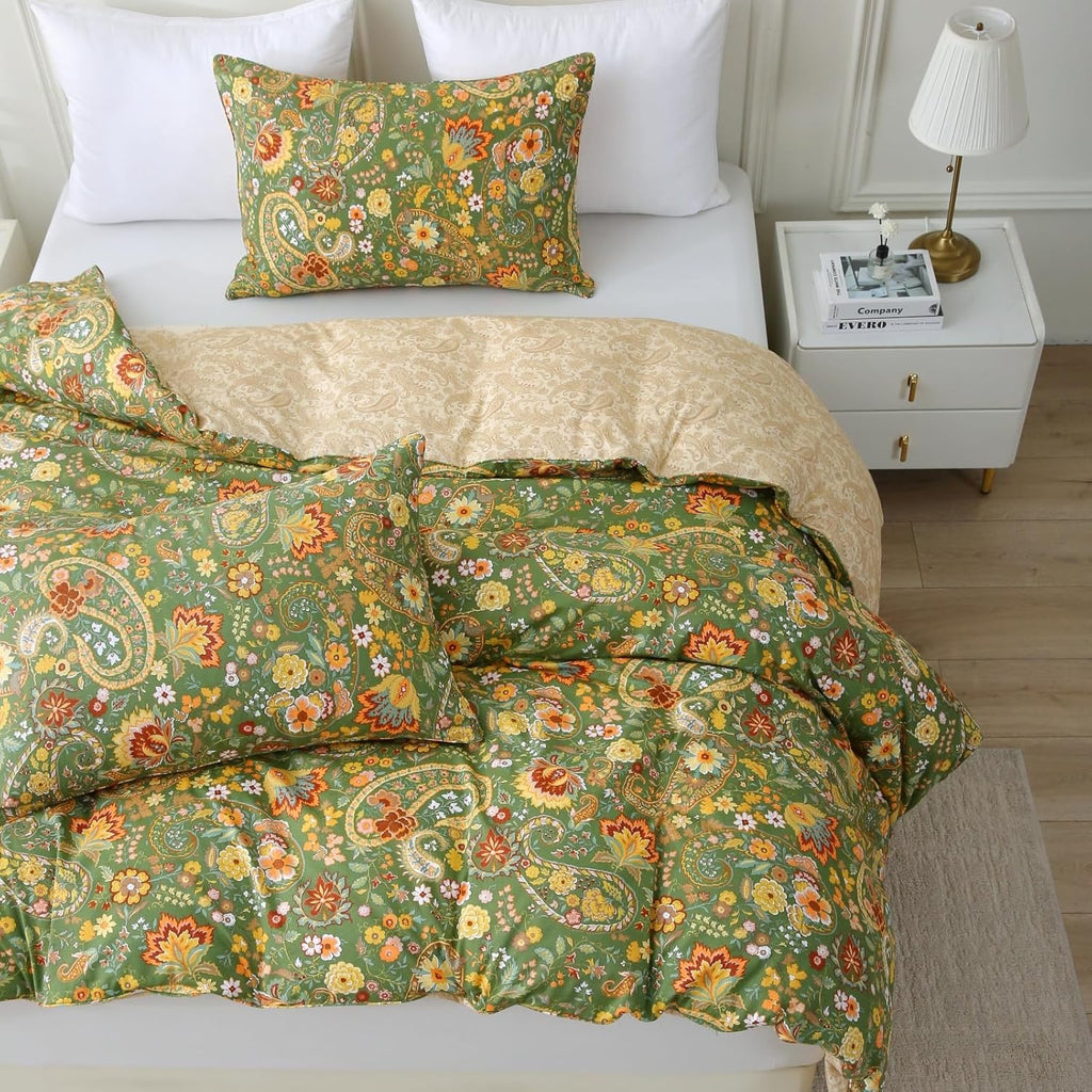 ABREEZE Paisley Bedding Sets 3Pcs Brushed Cotton Duvet Cover Set Queen Size Rustic Damask Green Floral Comforter Cover with Zipper Closure Boho Bedding Collections