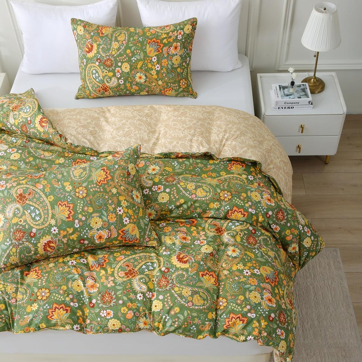 ABREEZE Paisley Bedding Sets 3Pcs Brushed Cotton Duvet Cover Set Queen Size Rustic Damask Green Floral Comforter Cover with Zipper Closure Boho Bedding Collections