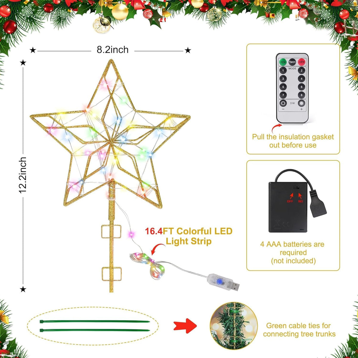 Christmas Tree Topper,50 LED Lighted Sparkling Star Tree Toppers Christmas Decorations,8 Lighting Modes Gold Star Xmas Decorations with Remote Control and Extra Battery Box,Glitter Christmas Ornament