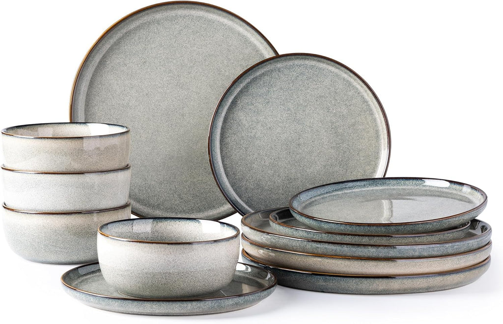 GBHOME Ceramic Dinnerware Sets for 4, 12 Pieces Stoneware Plates and Bowls Sets, Reactive Glaze Dishes -Scratch Resistant, Dishwasher&Microwave Safe, Green Wheat