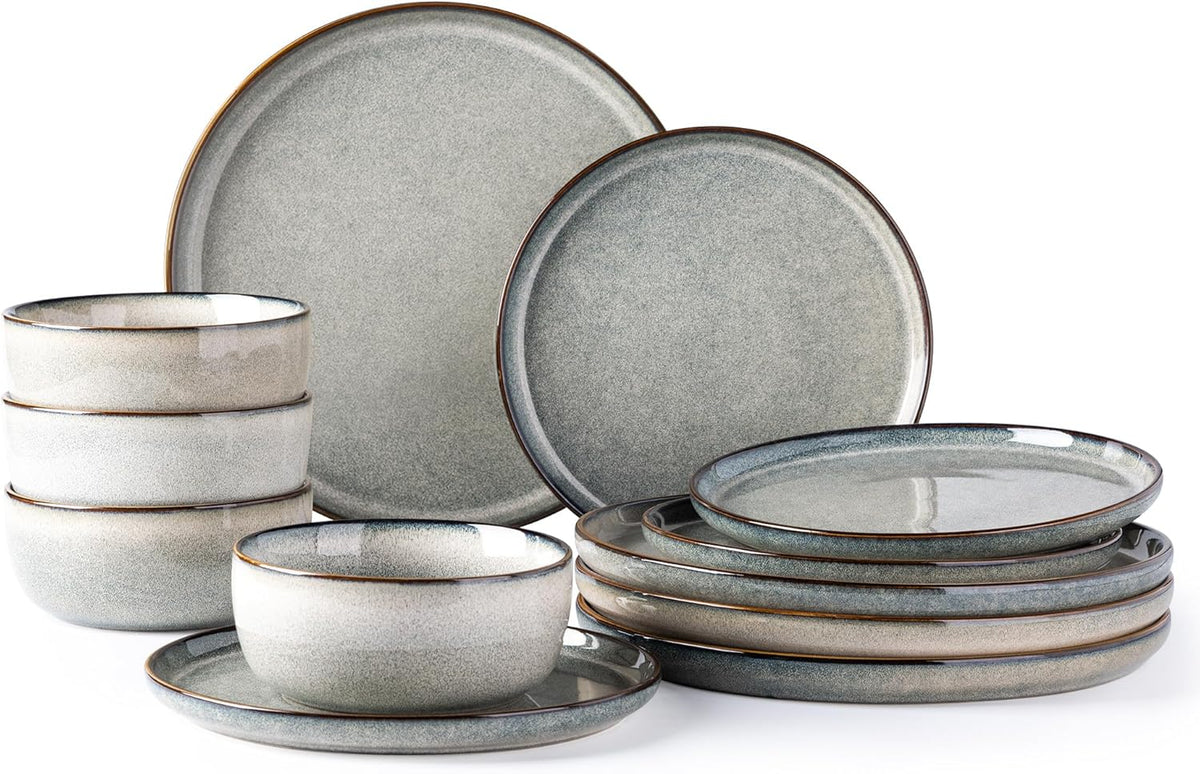 GBHOME Ceramic Dinnerware Sets for 4, 12 Pieces Stoneware Plates and Bowls Sets, Reactive Glaze Dishes -Scratch Resistant, Dishwasher&Microwave Safe, Green Wheat