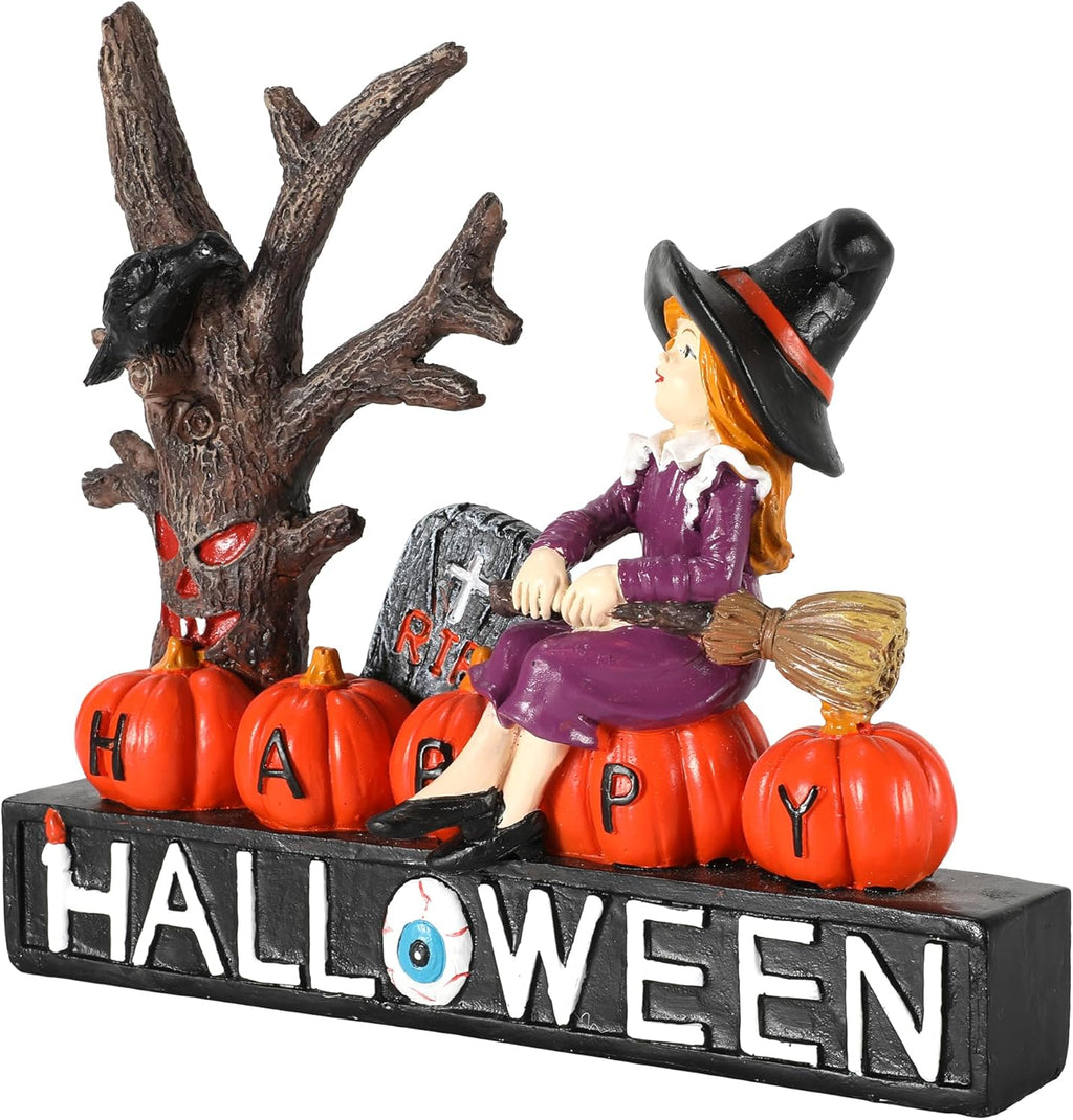Halloween Decorations Indoor 7.8'' Resin Monsters - Witch Pumpkins Black Crow Spooky Tree R.I.P Graveyard Tombstones with Decorative Happy Halloween Sign Figurines (Witch)