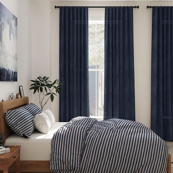 Navy Blue Linen Curtains 63 Inches Length 2 Panels Set - Image 7