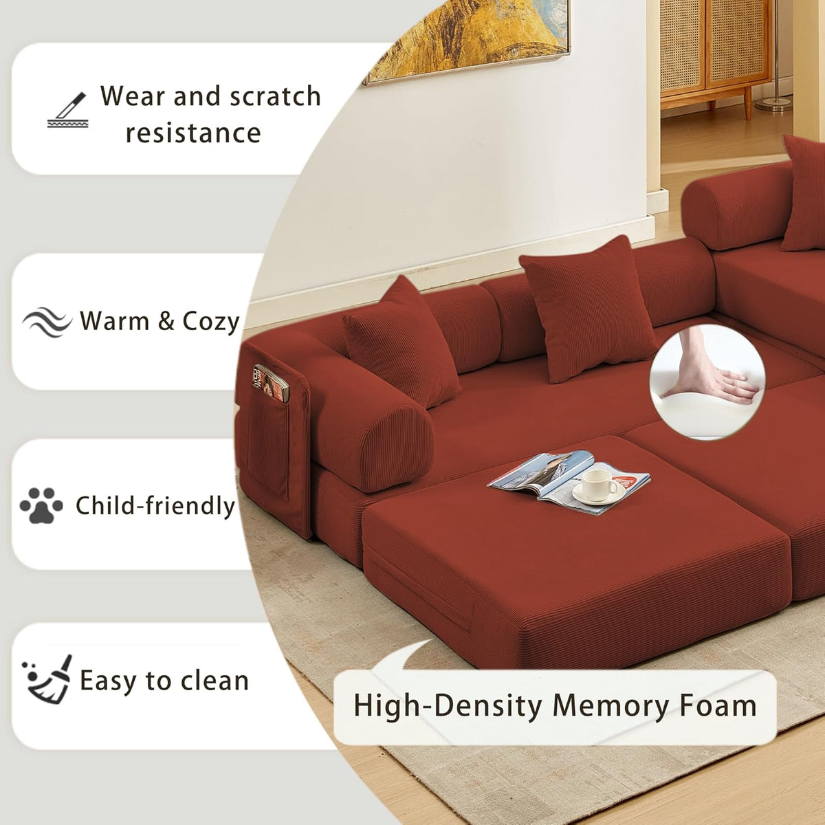 107" Oversized Convertible Sleeper Sofa Bed, Corduroy L Shape Sectional Couch, Folding Sofa Bed with Side Pocket, Modern Cloud Floor Mattress Couch, Modular Sofa for Living Room, Red