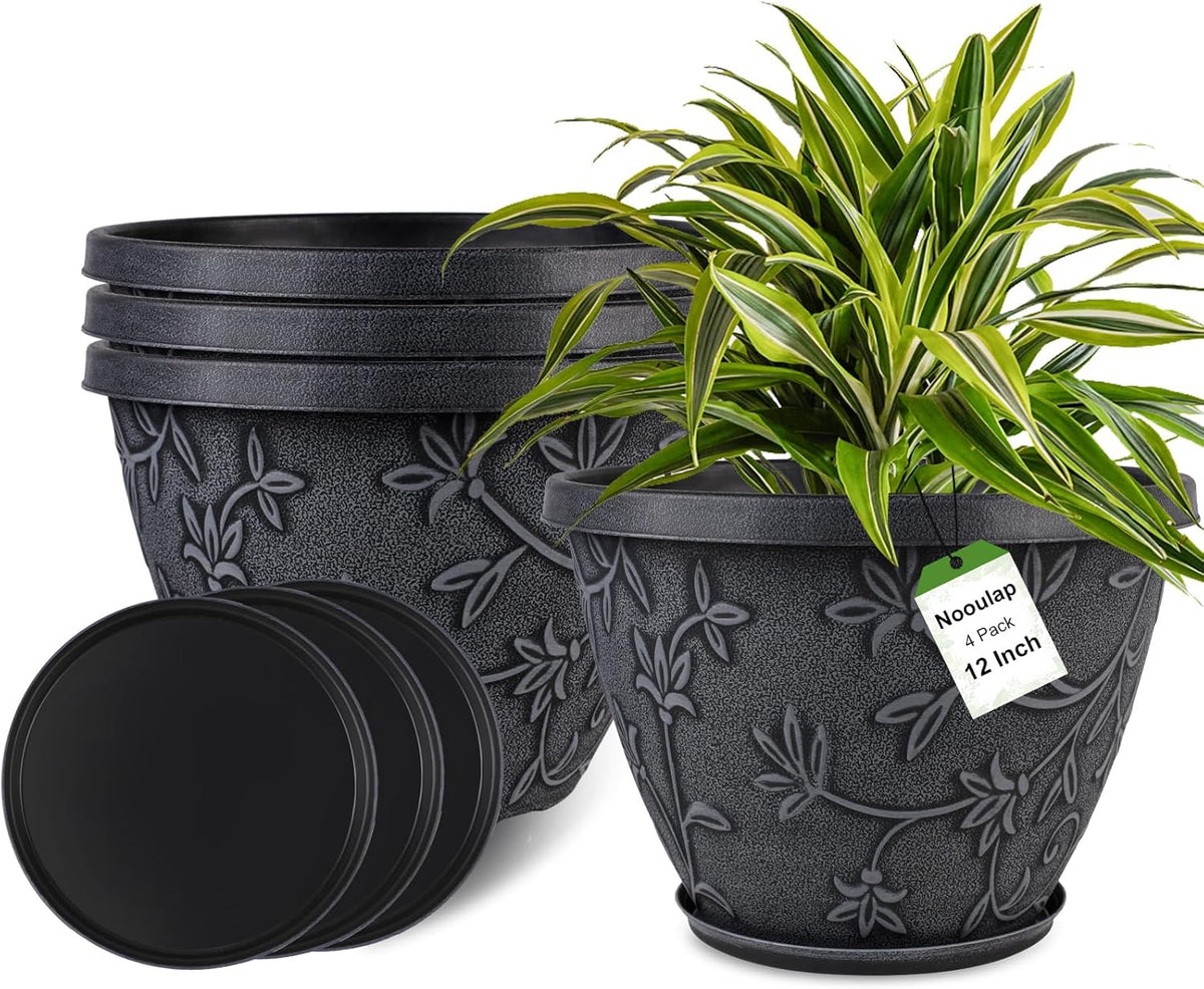 4 Pack 12 Inch Large Flower Pots for Outdoor Indoor, Plastic Plant Pots with Drainage Hole & Saucer, Modern Decorative Garden Pot, Imitation Magnolia Pots for Garden House Planters（Gray）