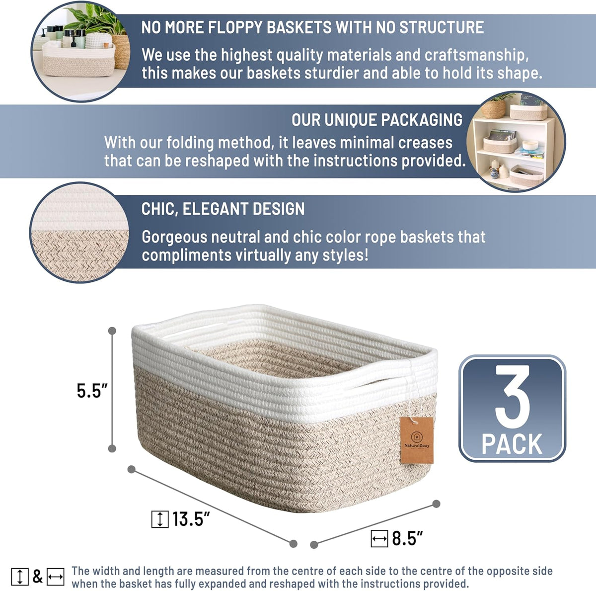 NaturalCozy 13.5”x8.5”x5.5” Storage Baskets for Shelves 3 Pack | Cotton Rope Woven Small Baskets for Organizing | Small Storage Bins for Nursery, Bathroom, Closet, Cube Shelf, Decorative, Gift