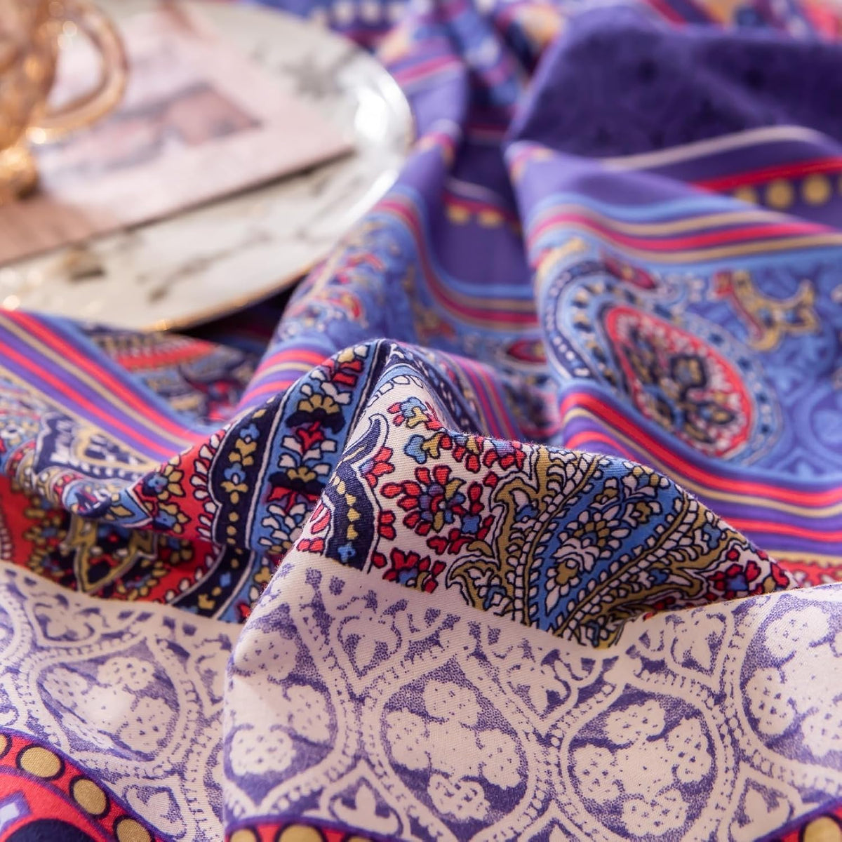 ABREEZE Bohemian Vintage King Size Floral Cotton Bedding Set 3Pcs Duvet Cover Set Boho Purple Paisley 100% Egyptian Brushed Cotton Reversible Home Bedding Collection