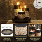 IYARA CRAFT Tealight Candle Holders with Tray – Set of 3 Handmade Wooden Candle Holders with Natural Rope Accent – Rustic Black Decor for Table Centerpiece, Office or Gift
