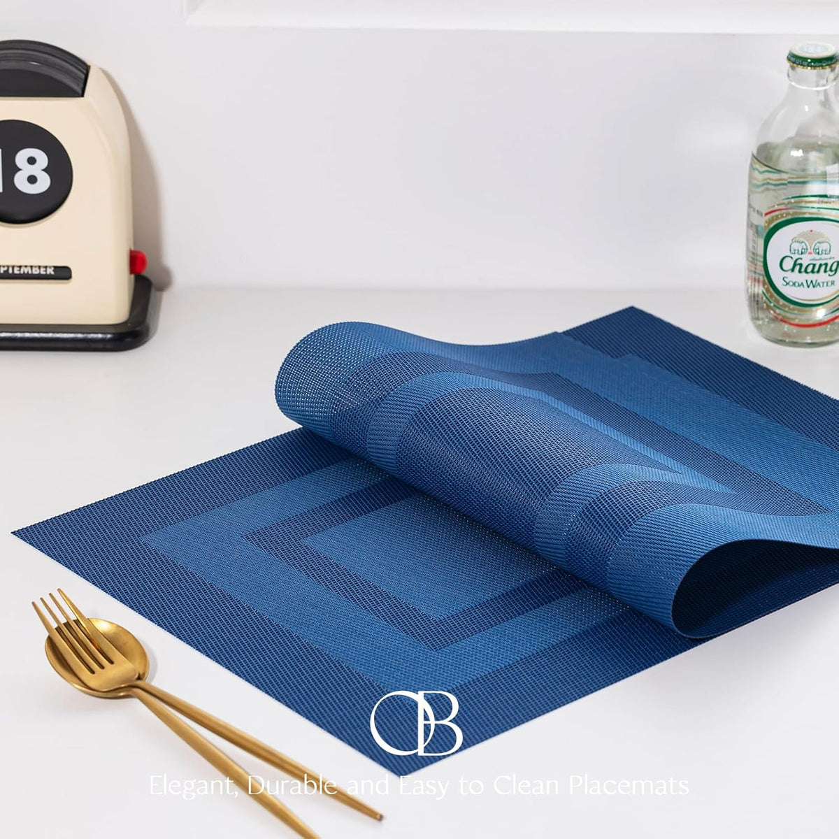 Placemats Set of 12 - Easy Clean Woven Vinyl Placemats for Dining Table, Indoor/Outdoor Place Mats, Washable PVC Table Mats（Navy Cube）