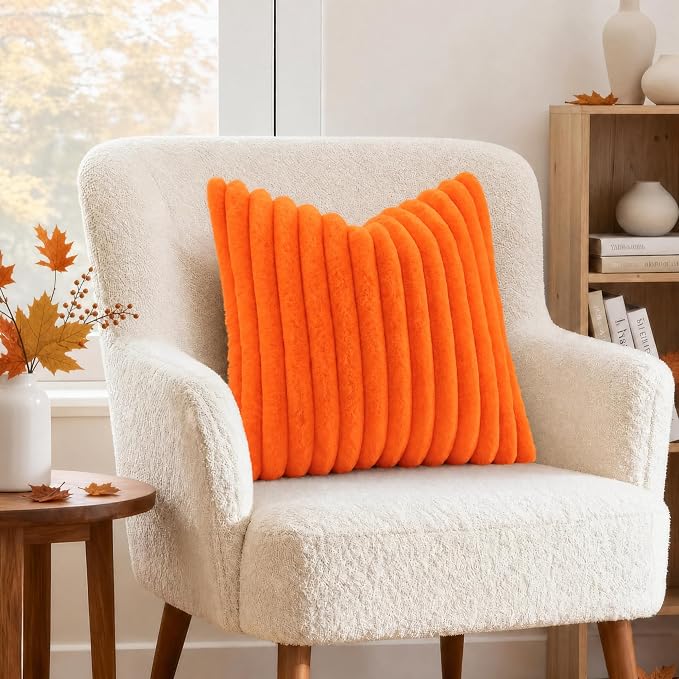 decorUhome Fall Faux Fur Throw Pillow Covers 18x18 Set of 2 Orange | Decorative - Image 4