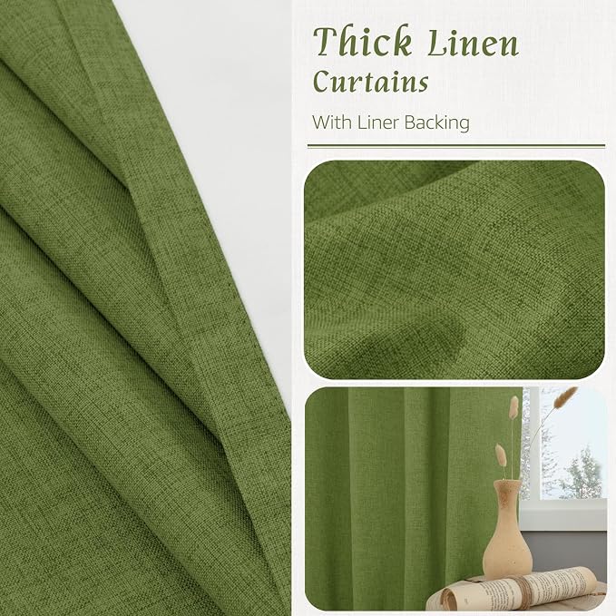 100% Blackout Linen Bedroom Curtains 63 Inches Long 2 Panels | Sage Green - Image 8