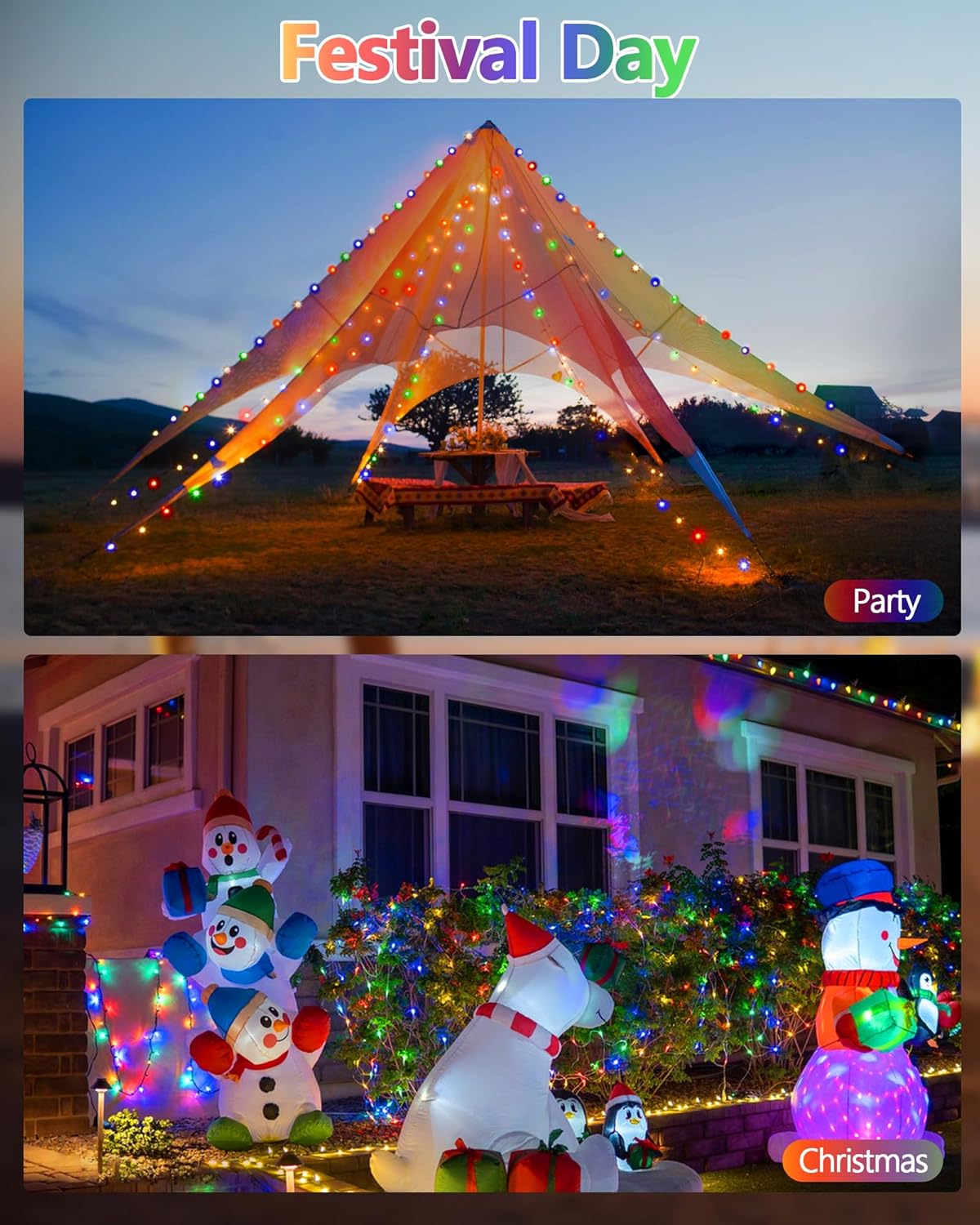 2 Pack Multicolored Solar Christmas Lights Outdoor Waterproof, 400 LED 144FT Super Long Solar String Lights, Green Wire 8 Lighting Modes, Christmas Tree Light for Xmas Fence Bushes Patio Decorations