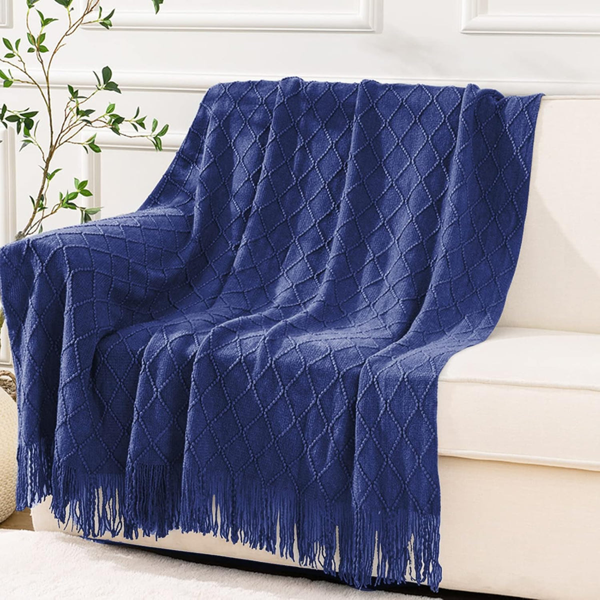 inhand Navy Blue Throw Blanket for Couch and Bed, Soft Living Room Home Decor Knitted Blanket with Tassel, Outdoor Lightweight Breathable Summer Blanket, Farmhouse Warm Woven Decorative, 50"x60"