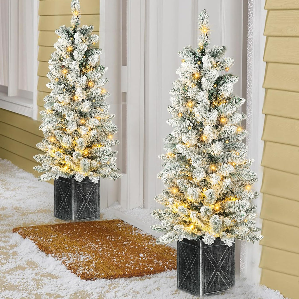 Set of 2 Christmas Trees with Lights 4-FT Artificial Potted Porch Snow Flocked Christmas Tree Battery Powered with 8 Modes and Timer for Indoor Outdoor