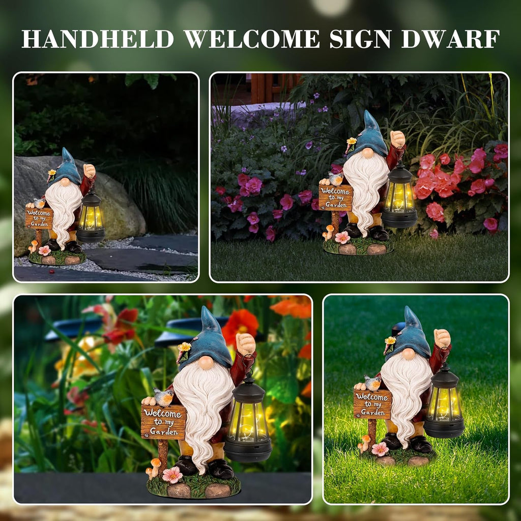 Garden Gnome Statues Figurine Lights - Solar Powered Lighting Outdoor Decorations with Lantern & Welcome Sign, Yard Art Lawn Ornaments for Porch Patio Balcony - Gnome Gifts for Women Mom