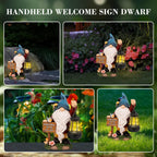 Garden Gnome Statues Figurine Lights - Solar Powered Lighting Outdoor Decorations with Lantern & Welcome Sign, Yard Art Lawn Ornaments for Porch Patio Balcony - Gnome Gifts for Women Mom