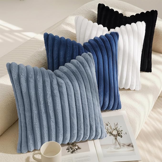 decorUhome Fall Faux Fur Throw Pillow Covers 22x22 Set of 2 Grey Blue | - Image 7