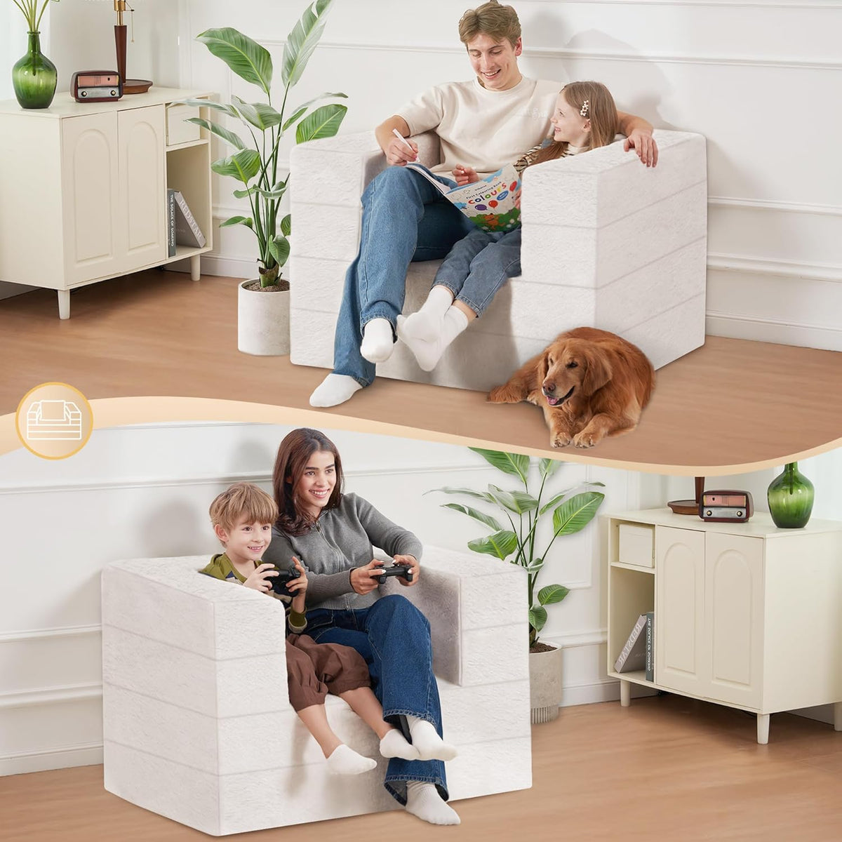 Folding Bean Bag Chair for Adults,3-in-1 Bean Bag Couch Faux Fur Floor Sofa Large Beanbag Convertible Bean Bag Sofa Bed with Pillow in Bedroom,Living Room,Apartment(Twin,Milky White)