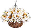 Artificial Fall Flowers Fake Hanging Plants Flowers Basket for Outdoors Autumn Decoration, Silk Morning Glory with Eucalyptus Look Real UV Resistant Faux Flowers for Outside Porch Patio Balcony, White