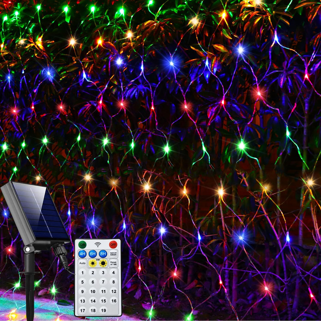 Solar Net Lights Outdoor Mesh Lights Multicolor, 200 LED Net Lights Christmas Colorful, Waterproof 19 Modes Timer Tree Wrap Lights for Fence, Garden, Yard, Bushes, Trunk, Halloween Decor-9.8ft x 6.6ft