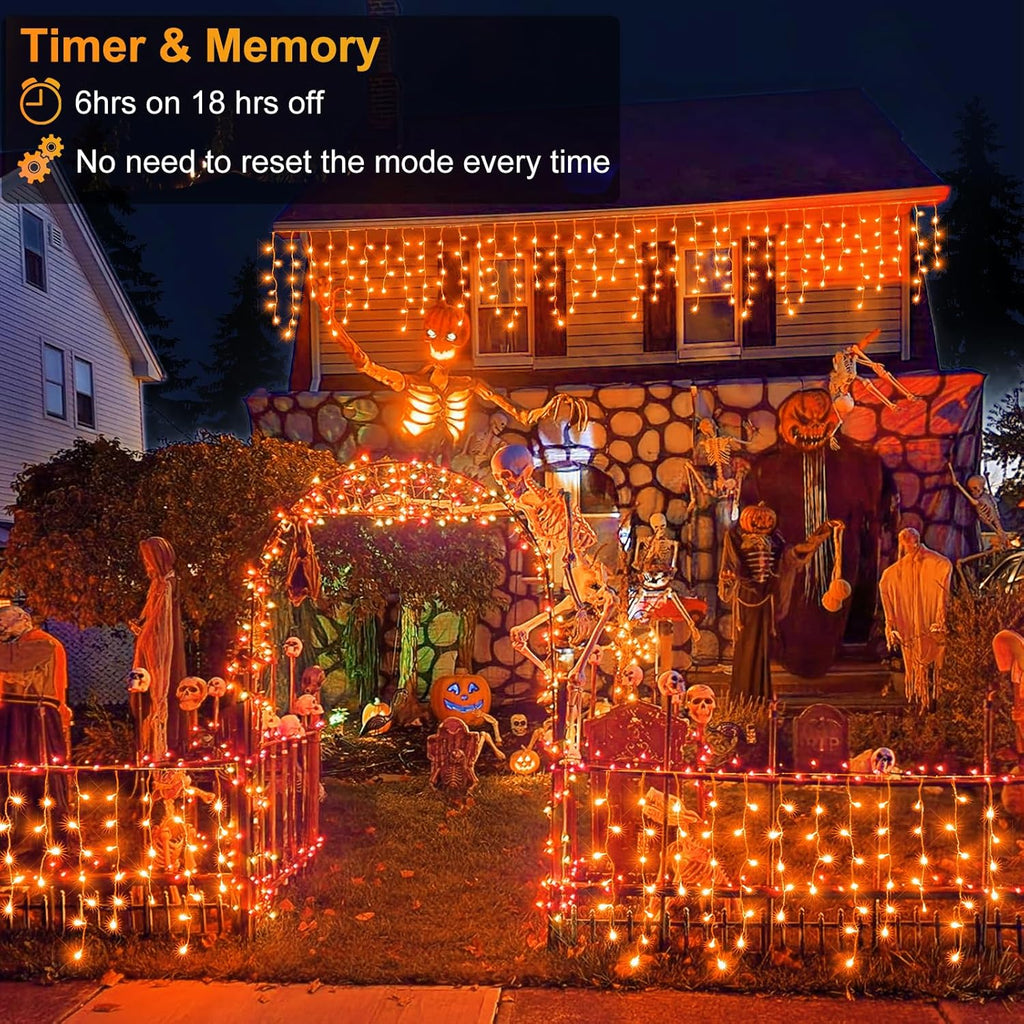 33 FT 400LED Halloween Lights, Orange Icicle Lights for Outside, Clear Wire Twinkle String Light with Timer 8 Modes Waterproof for Window House Patio Yard Wedding Classroom Festival Decor