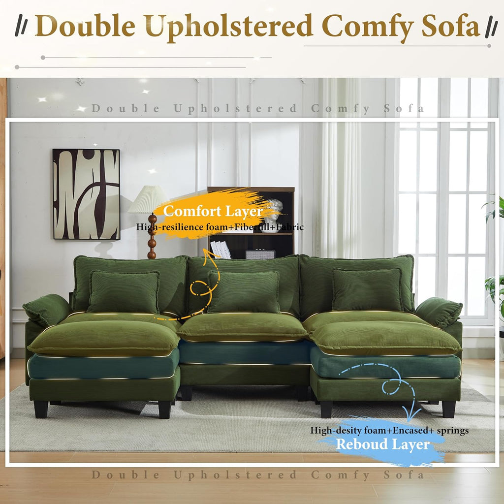 URRED Modular Sectional Sofa Comfy Cloud Couch, Modern Corduroy Sofa Sleeper Deep Seat Couches with Ottoman/Pillows for Living Room (Green, 117'' - U Shape)