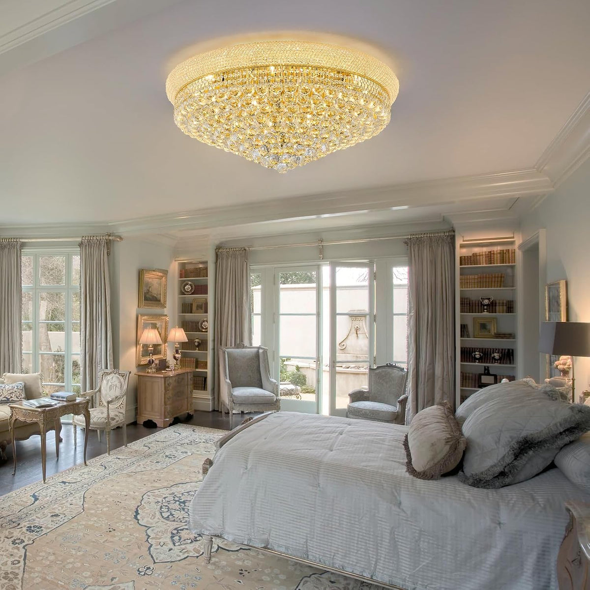 18-Light 32 inch Large Crystal Chandelier Flush Mount Ceiling Light Fixture for Living Room Dining Room Bedroom Foyer Entryway Gold Finish