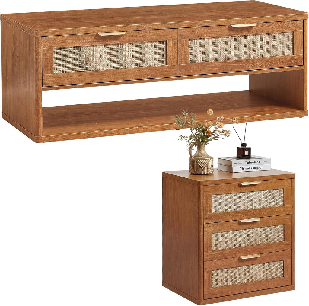 LEYAOYAO Boho Rattan Coffee Table and End Table Sets, 48" Wide Center Tables & 23" Night Stand with 3 Drawers, Brown Wood Coffee Table for Living Room 2 Piece Set