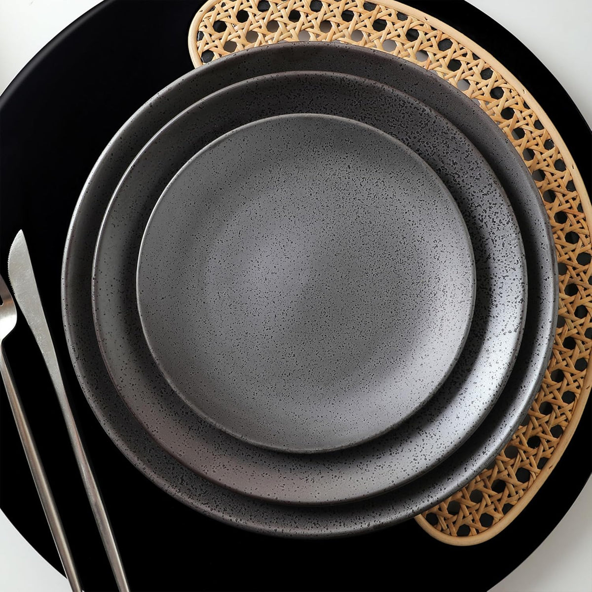 Stone Lain Valencia Porcelain 32-Piece Round Dinnerware Set, Plates and Bowls Set, Dish Set for 8, Metallic Grey