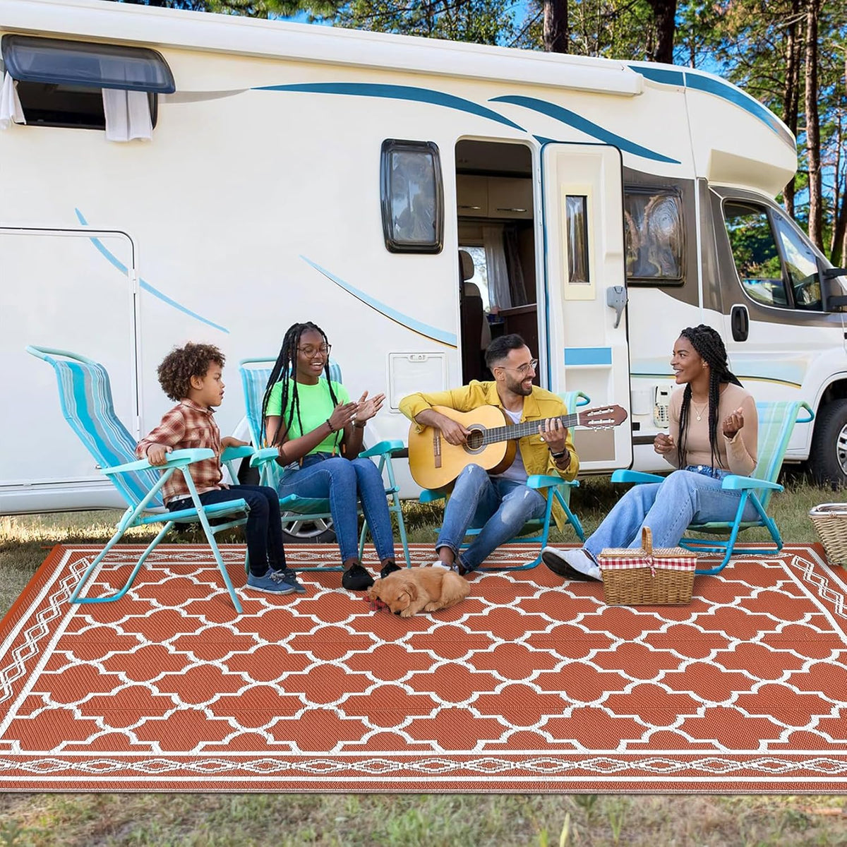 GAOMON Outdoor Plastic Straw Rug, 10'x14' Reversible Sage Green Patio Mat, Flower Modern Design for RV, Backyard, Deck, Camping, Picnic, Orange/White(Geometric)