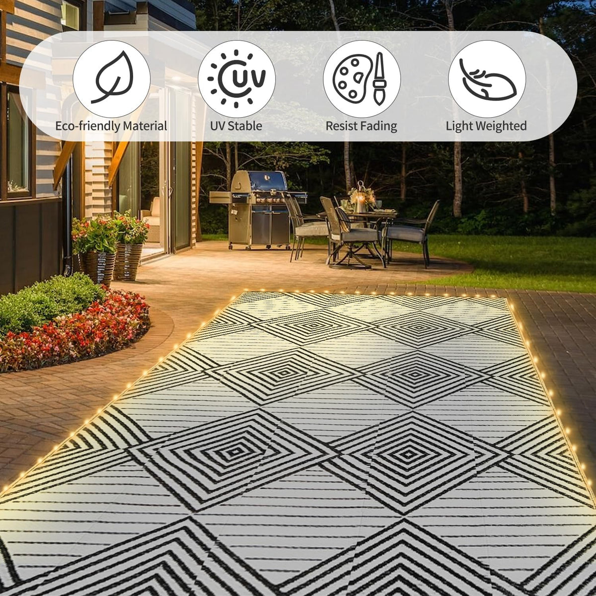 6x9ft Waterproof Outdoor Rug with LED Lights, Foldable Reversible Plastic Straw Mat for Patio RV Camping Picnic Balcony Beach Deck Indoor Outdoor Carpet, Black&White
