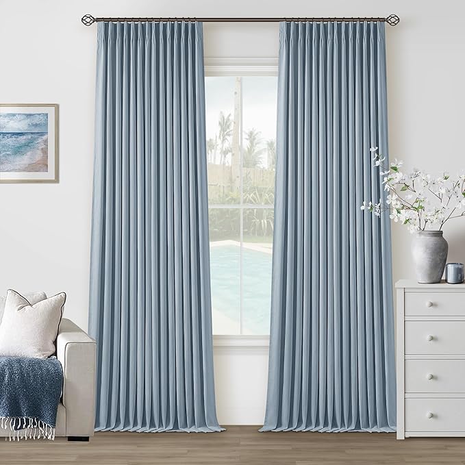 Dusty Blue Pleated Linen 100% Blackout Curtains 102 Inches Long by Twodrapes
