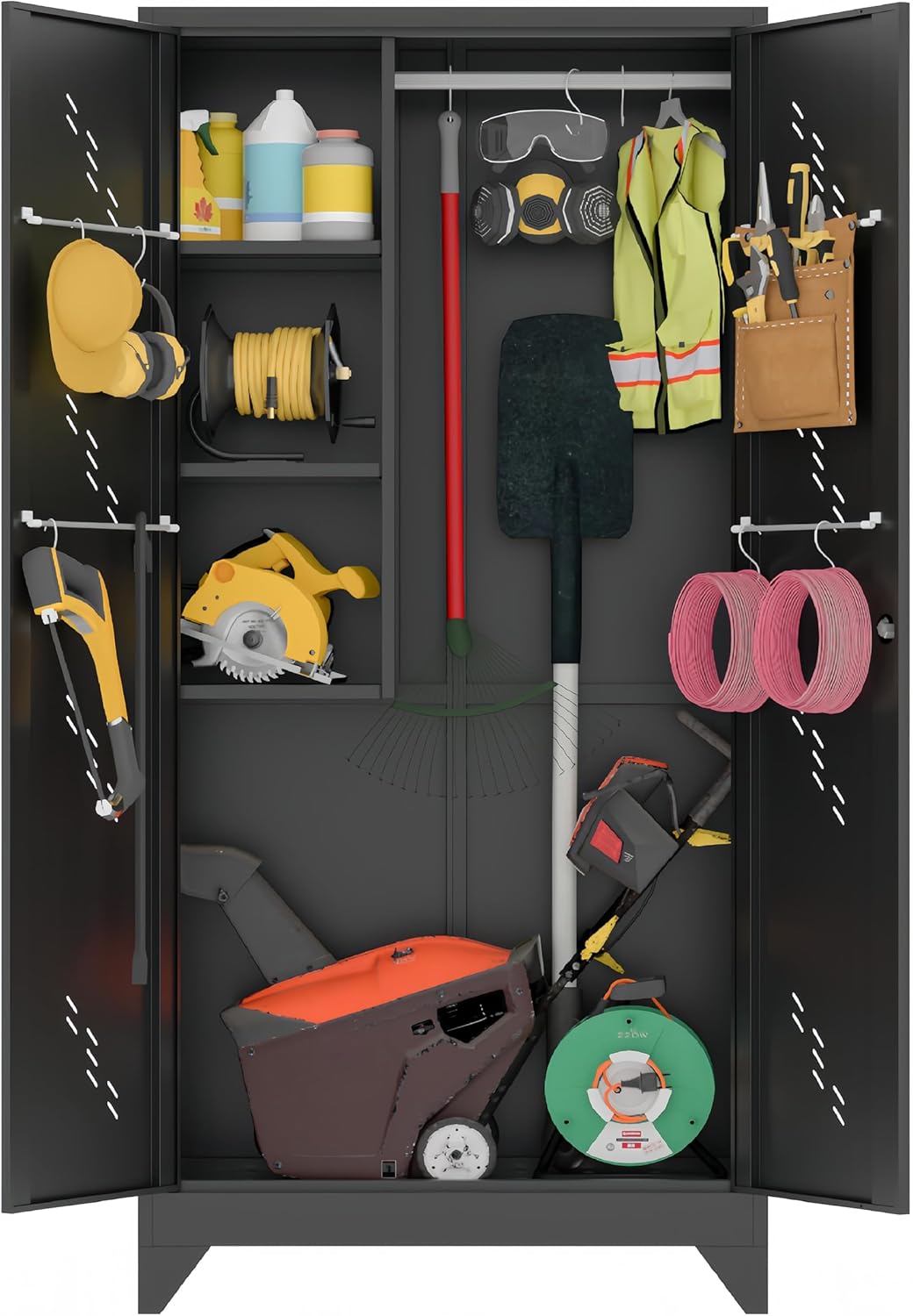 75" Metal Storage Cabinet, Tool Cabinets with Hooks, Garage Storage Cabinet with Lock, Heavy-Duty Tool Cabinet for Utility Room, Gym, Basement, Broom Closet Cabinet, Black