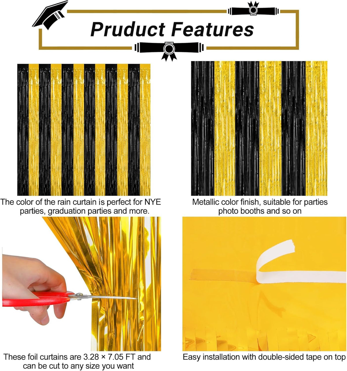 2 Pack Graduation Backdrop, 3.28 FT x 7.05 FT Black and Gold Foil Fringe Curtains, Metallic Foil Curtain Graduation Backdrop, Grad Party Supplies Black and Gold Party Decorations Class of 2025