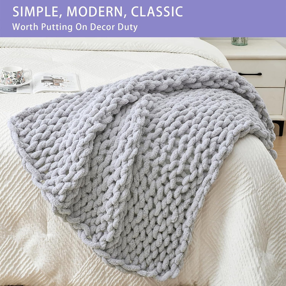 Bigacogo Chunky Knit Throw Blanket for Couch, 40x40 inches, 100% Hand Knitted with Thick Jumbo Chenille Yarn, Cozy Soft Large Rope Knot Cable Crochet Blankets for Sofa Bed Living Room, Light Grey