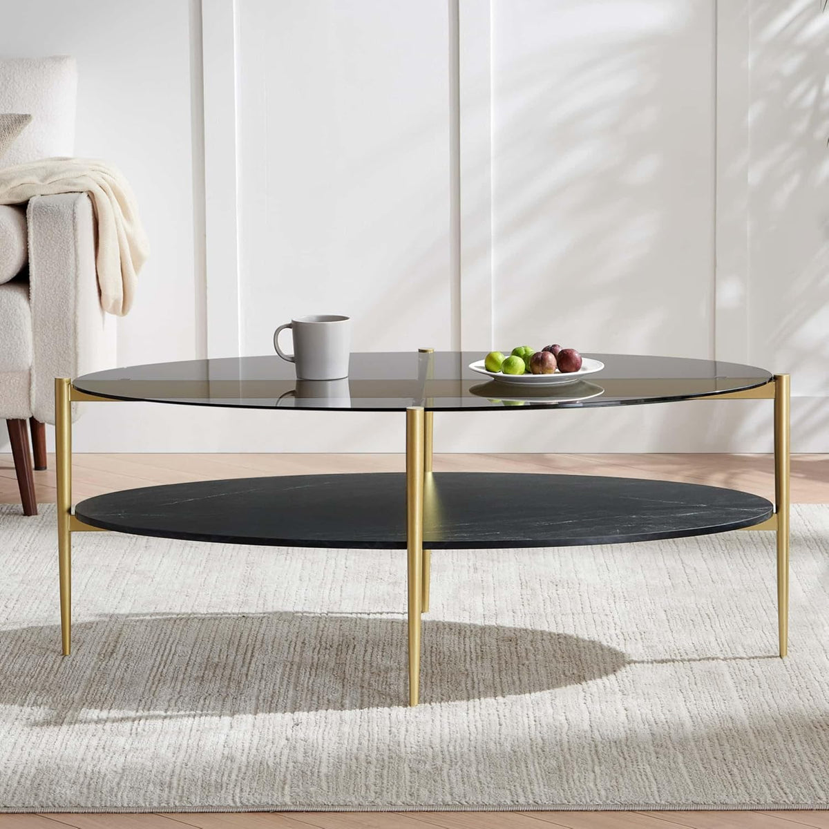 Oval Glass Coffee Table, Mid-Century Modern Design, L43 x W22 x H17 inch, Surfboard Shaped Grey Glass Top and Black Marble Finish Wood Shelf, Tapered Legs with Gold Finish Frame