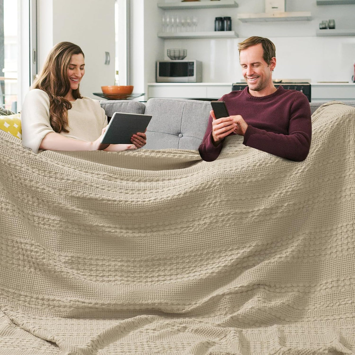 PHF 100% Cotton Waffle Blanket Oversized King 120"x120", Lightweight Breathable Extra Large 10'x10' Summer Blankets for Bed, Giant Big Luxury Aesthetic Woven Bedding for Home Decor, Khaki