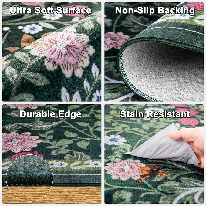 PLHXFR 2.6x8 Washable Runner Rug：Floral Indoor Kitchen Carpet Dark Green | - Image 8