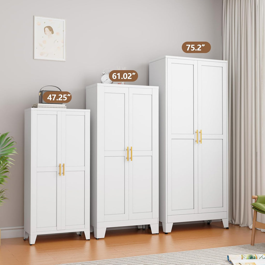 Metal Kitchen Pantry Storage Cabinet with 2 Doors and 3 Adjustable Shelves,Pantry Cabinet with Adjustable Leveling Foot for Kitchen, Living Room, Dining Room（White）