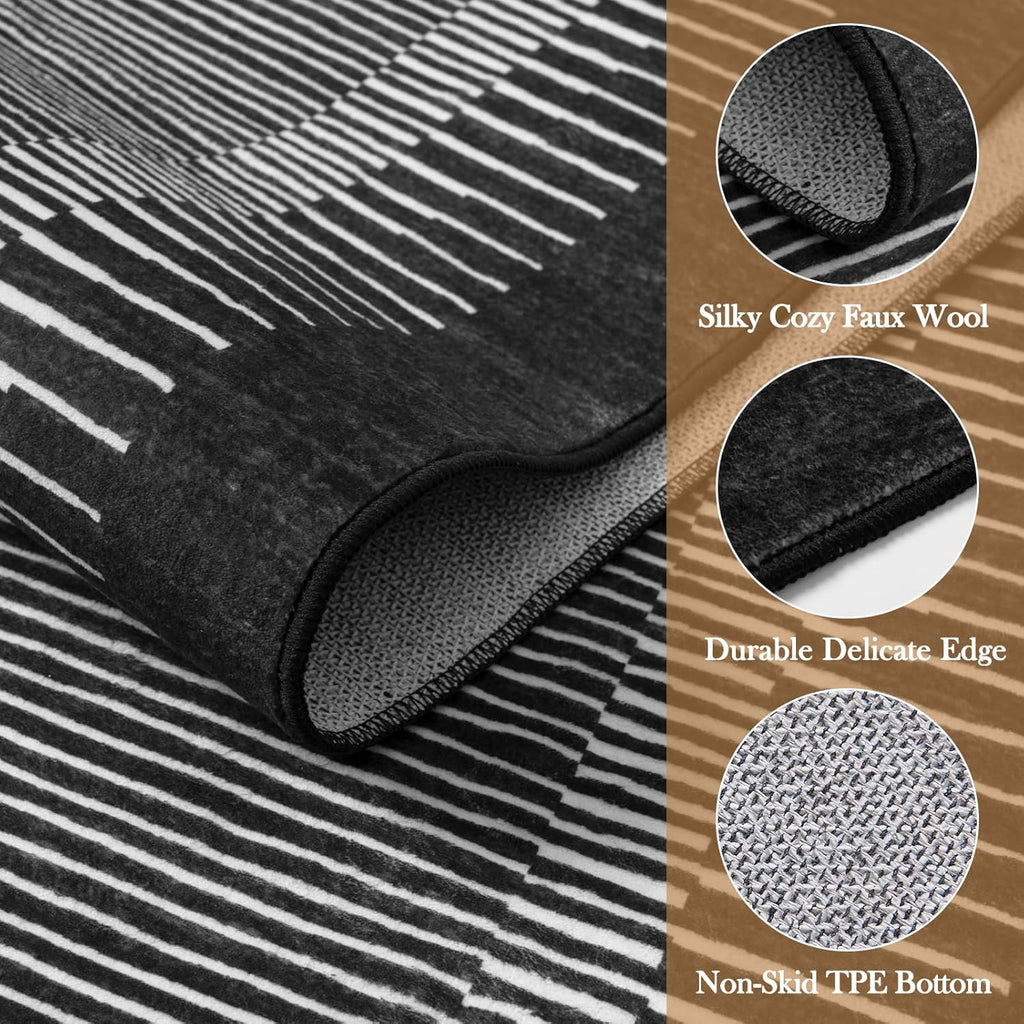 Wonnitar Washable Striped Black Runner Rug for Hallway 2'6"x8', Non-Slip Kitchen Runner Rug, Low Pile Minimalist Soft Rug Runner for Bedroom Hallway Bathroom Laundry Entryway (Black, 2'6" x 8')