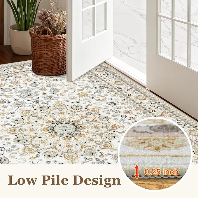 Round Area Rug for Living Room: 8ft Washable Rug for Bedroom Beige | Vintage - Image 8