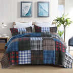 NEWLAKE Quilt Set King Size, Cotton Patchwork Blue Black Checkered Patterns Quilt Sets, Reversible Bedspread Lightweight and Breathable for All Seasons, Soft Quilted Bedspread with 2 Pillow Shams
